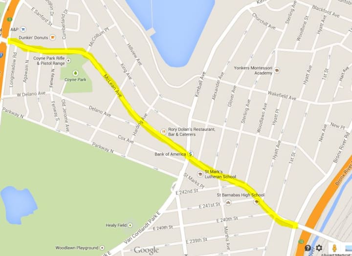 The route of the Yonkers St. Patrick&#x27;s Day parade.