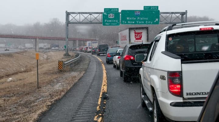 Traffic is stopped on I-84 near the I-684 interchange Friday afternoon after an accident near Exit 20.