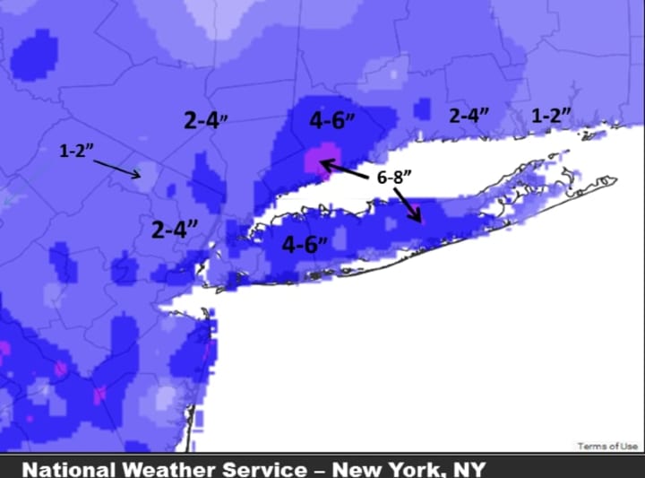 This snowfall accumulation map shows higher amounts farther east.