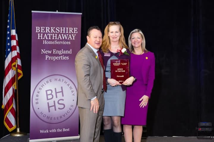 Left to right are Gino Blefari, CEO, HSF Affiliates; Nancy Pantoliano, Norwalk Office Leader and Candace Adams, President &amp; CEO Berkshire Hathaway HomeServices New England Properties.
 