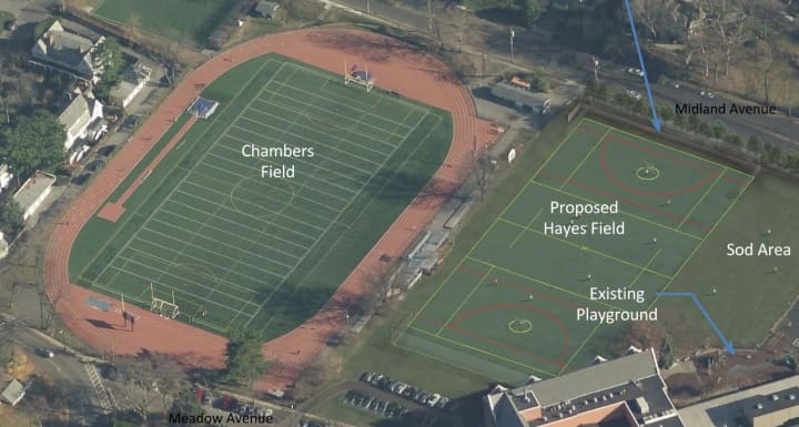 The new proposal for a synthetic playing surface outside the Bronxville High School.