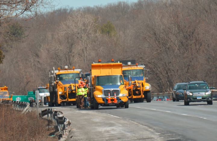 State Department of Transportation (DOT) workers on Interstate 684, at the end of the traffic jam and in Katonah.