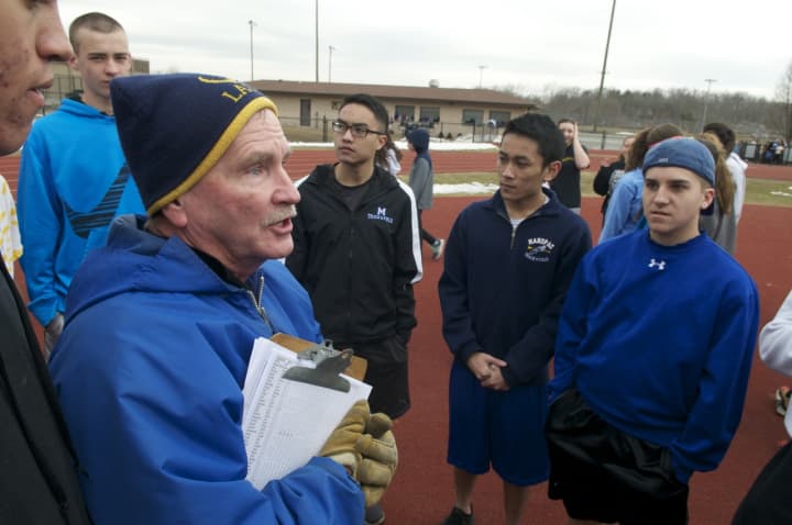 Mahopac Head Coach Vin Collins addresses his team, as they prepare for the 2015 spring season.