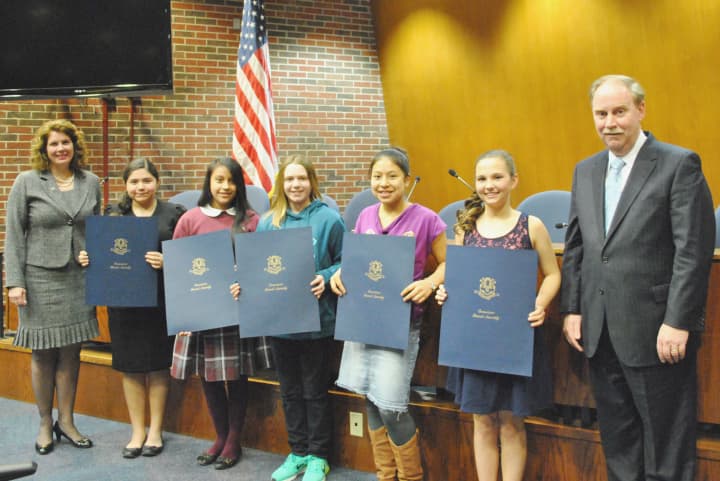 First-place greater Danbury student essayists in National Womens History Month Essay Contest were honored on Mar. 23 in Danbury City Hall.