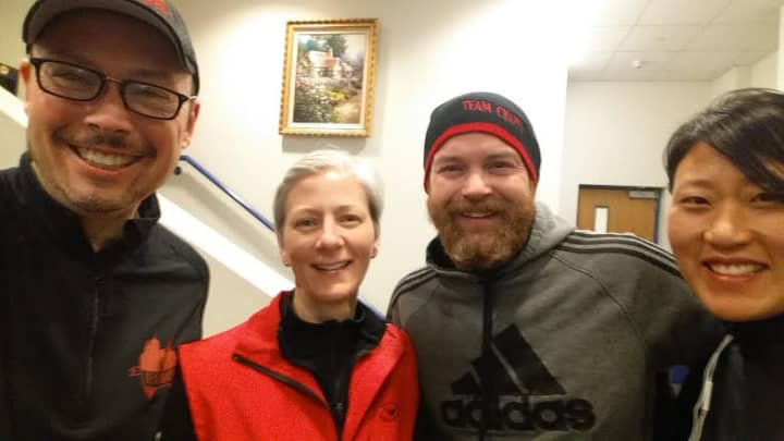 Four of the five members of Team Chapel Arts before the Half Marathon, from left, Robert Hartwell, Diane Hernandez, George Heath and Elaine Strommen. Not pictured is Mike Cassidy.