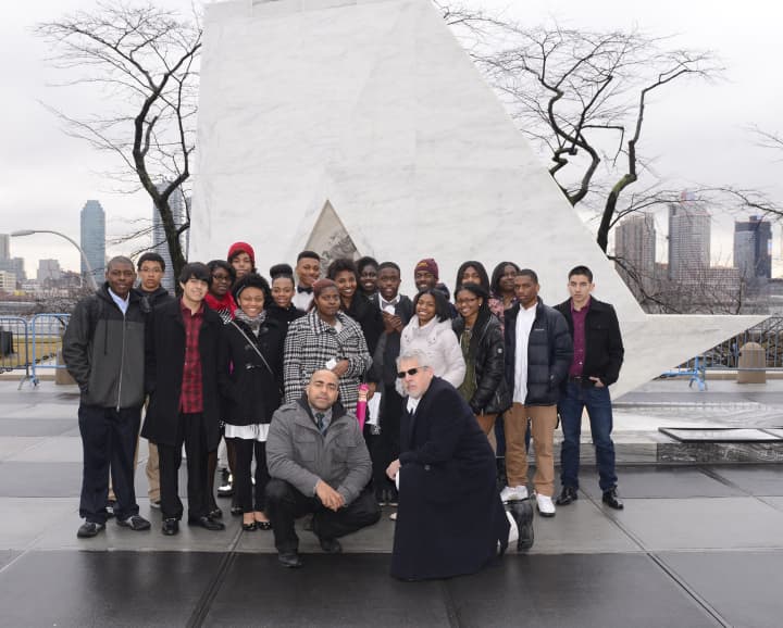 Mount Vernon High School students and teachers are pictured in front of The Ark of Return, a permanent memorial to the victims of slavery that was dedicated earlier in the week by United Nations Secretary-General Ban Ki-moon.