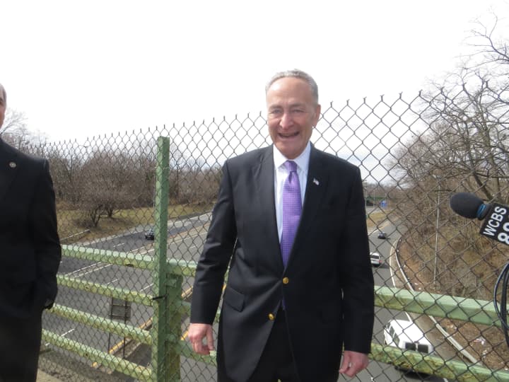 U.S. Sen. Charles Schumer, D-NY, on an Interstate 95 overpass on Tuesday. 