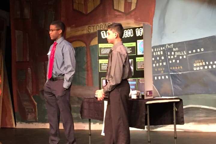 Katrall Clay and Aasim Vhora pitch their ideas for a tech shop during the Norwalk Education Foundation&#x27;s Shark Tank Competition.