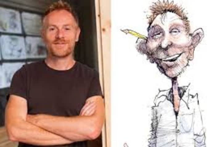 Matt Davies, with a cartoon of himself.