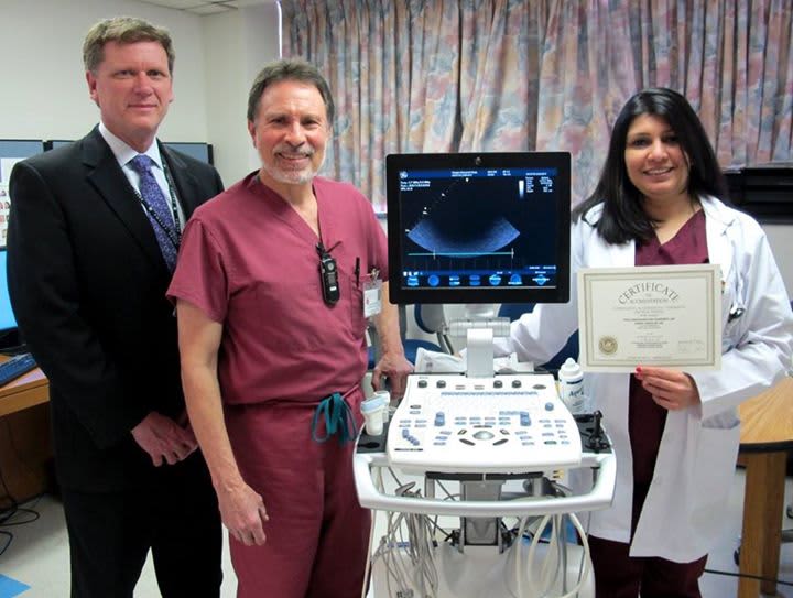 Timothy Wages, senior director of ancillary services, vascular technologist James Schechter and Neha Makhijani, supervisor of the Cardiovascular Diagnostic Lab, display Phelps Memorial Hospital Center&#x27;s recent accreditation for vascular testing.