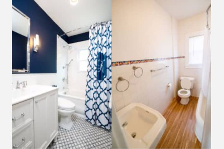 A before and after picture of a bathroom modeling project. 