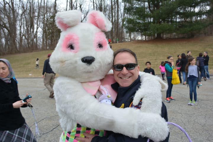 Chappaqua Fire Chief Russell Maitland with an Easter bunny.