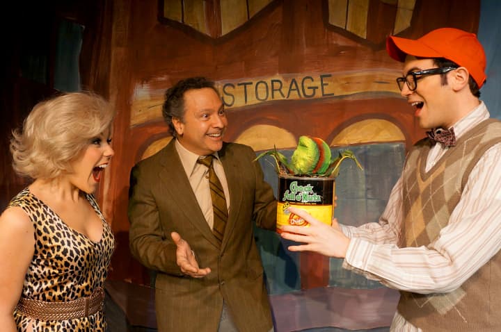 Left to right: Elissa DeMaria, Lou Ursone and Anthony DiCostanzo in MTC MainStage&#x27;s &quot;Little Shop of Horrors.&quot;