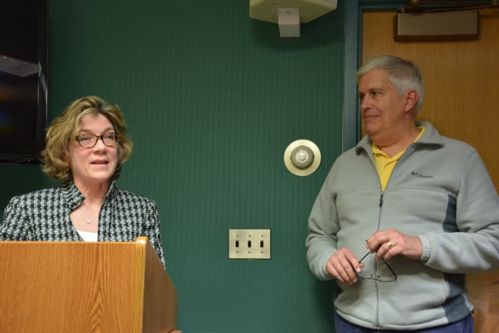Edie Martimucci, new library director and Sean Ryan, library board president, at a North Castle Town Board meeting.