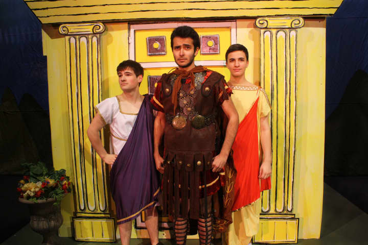Larry Gardner, Dillon Silvaggi and Jonathan Genovese in a scene from &quot;A Funny Thing Happened on the Way to the Forum&quot; at Westlake High School.