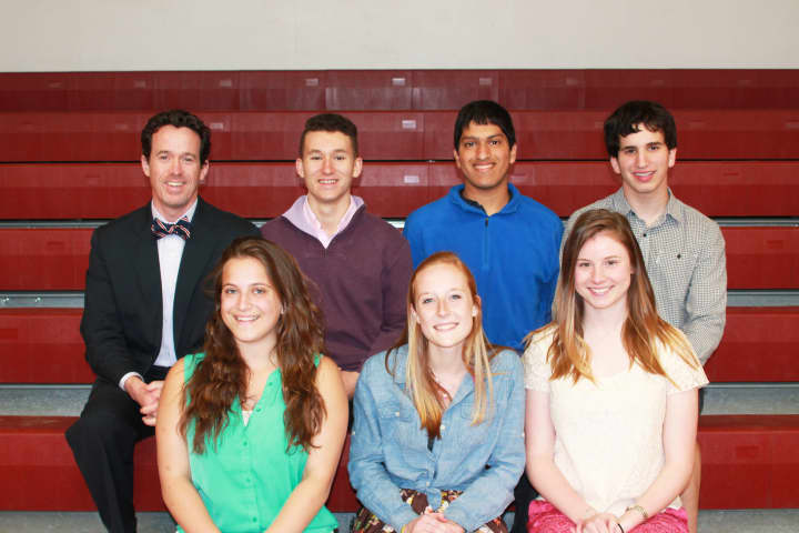 Front row, from left: Wooster School 11th graders Anna Krzyzewski, Jamie MacNutt, and Elizabeth Ashton. Back row: Head of School Matt Byrnes, and 11th graders Cole Munk, Jeb Perera, and Aaron Young.