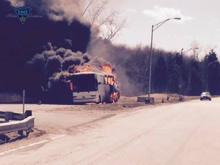 A chartered UConn bus caught fire earlier Saturday near Sturbridge, Mass.