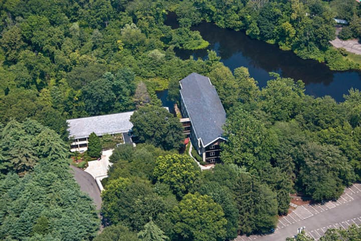 An aerial view of the Glendinning Place complex of Bridgewater Associates in Westport. 