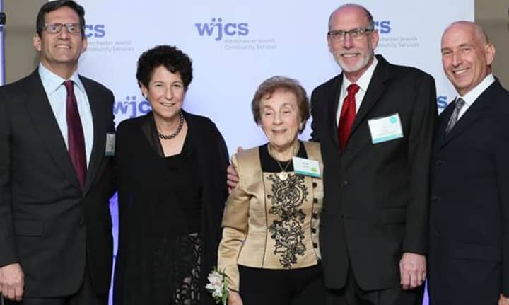 From left, Barry Kaplan, Karen Blumenthal, Emily Grant, Alan Trager, and Bernie Kimberg at a recent Westchester Jewish Community Services gala held in Harrison.