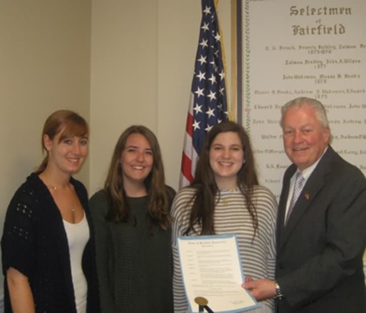 Amber Monck, program specialist for MADD, and Zoe Hochberg and Eliza Elliot of Fairfield Ludlowe High School meet with Fairfield First Selectman Mike Tetreau, who is issuing the proclamation in Independence Hall.