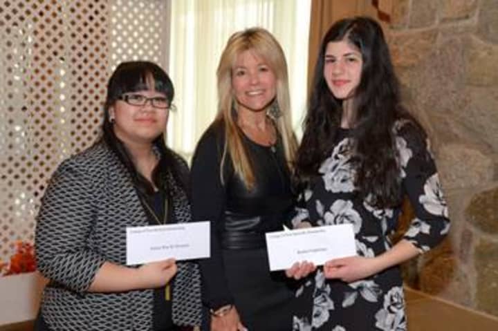 Judith Huntington, president of The College of New Rochelle, with recipients of Sr. Dorothy Ann Kelly OSU Scholarships:  Ariana Silvestre (left) and Rachel Guglielmo (right.)
 