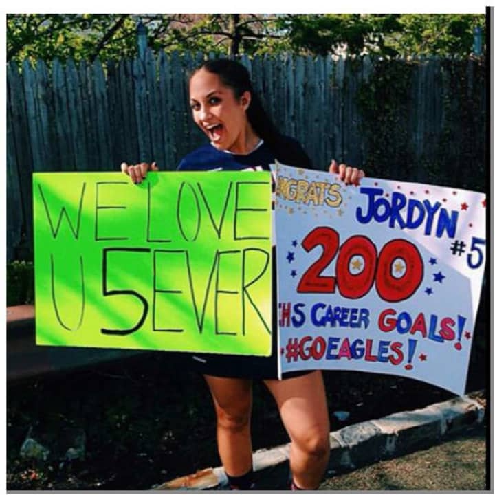 Eastchester High School senior Jordyn DiCostanzo scored her 200th career varsity goal on Saturday.