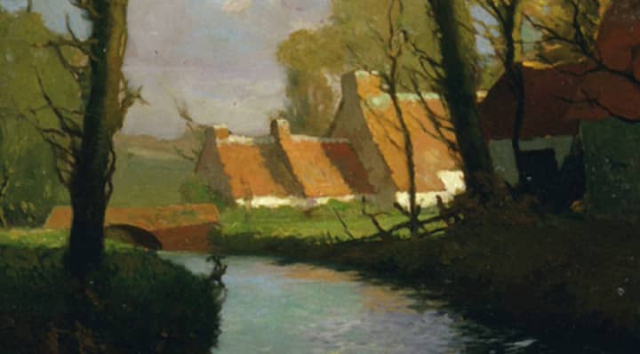 &quot;By a Stream,&quot; oil on panel, by George Ames Aldrich.