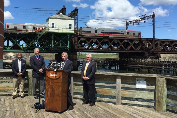 Connecticut Transportation Commissioner James Redeker announces improvements to the Metro-North Walk Bridge in Norwalk and said that replacement of the bridge is on schedule.