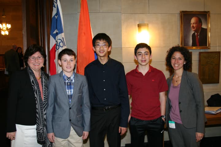 From left, Westchester County Legislator MaryJane Shimsky of Hastings, Alexander Crump, Victor Lue, William Graif and Edgemont High School Assistant Principal Eve Feuerstein at the April 27 meeting of the county Board of Legislators.