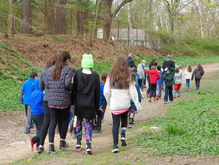 Students at Main Street School excitedly gathered on the aqueduct  for the Hike for Hunger event on Friday, April 24. 