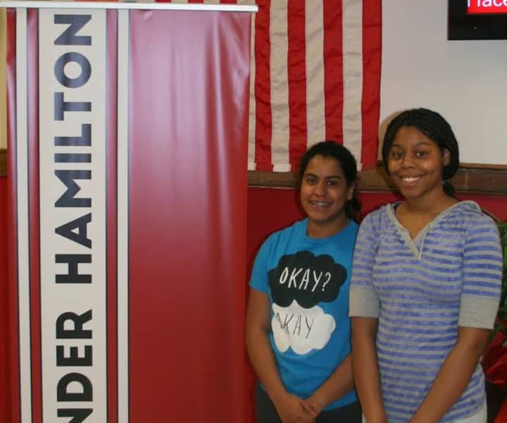 Left to right: Elmsford Union Free School District grade 11 students Emily Santos and Chelsea Garvey