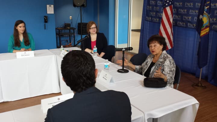 U.S. Rep. Nita Lowey, right, during Tuesday&#x27;s discussion at Pace University.