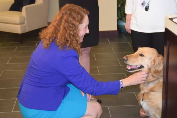 U.S. Rep. Elizabeth Esty with Regional Hospice and Home Care of Western Connecticuts comfort dog, Addi.