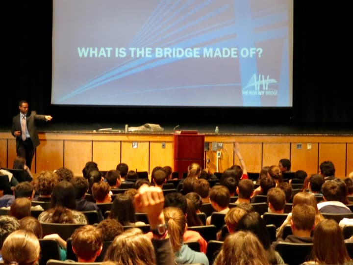 Daniel Marcy from the New NY Bridge team spoke with Briarcliff Middle School students about the history of the current Tappan Zee Bridge.