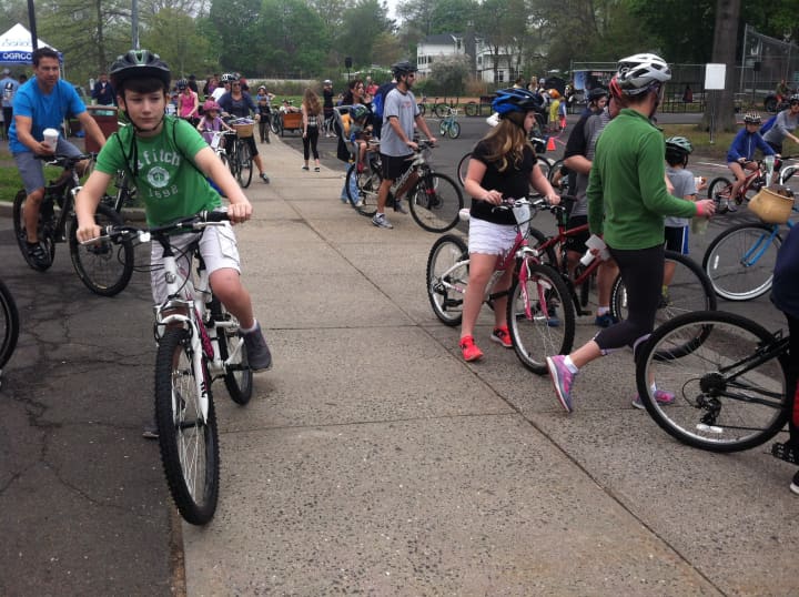 Bikers getting set to go at the 13th Annual Mother&#x27;s Day Bike Ride in Old Greenwich on Sunday morning.