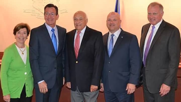 State Reps. Livvy Floren and Mike Bocchino, with Gov. Dannel Malloy, Frank Mazza and Attorney General George Jepsen.