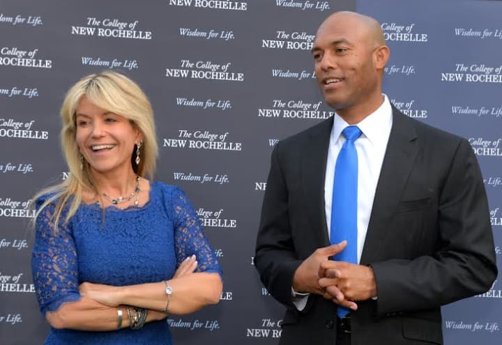 (Left to right) Judith Huntington, President of The College of New Rochelle, with Mariano Rivera at a College event for special guests.