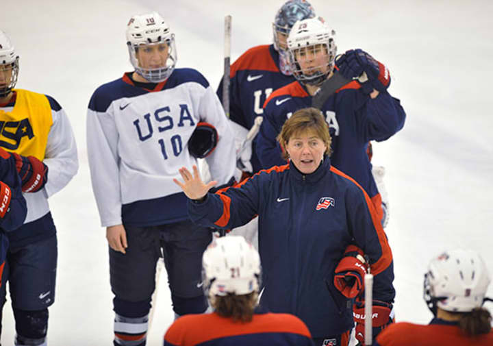 Katey Stone, center, head coach for Olympic Team USA in womens ice hockey and head coach of womens ice hockey at Harvard University, will be part of the Young Women in Sport event Sunday in Greenwich.