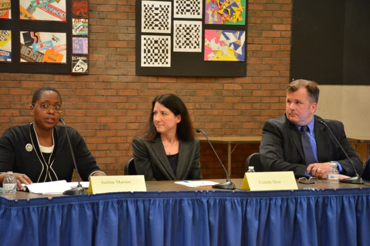 From left, Justine Marous, Colette Dow and Brian Sheerin at a recent candidates&#x27; forum.