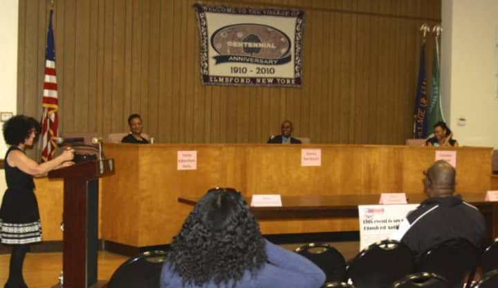 From left, Marla Peers, Felice Habersham-Harris, Dennis Rambaran, and Candice Wood at a recent school board candidates forum at Elmsford Village Hall. Peers moderated the forum.