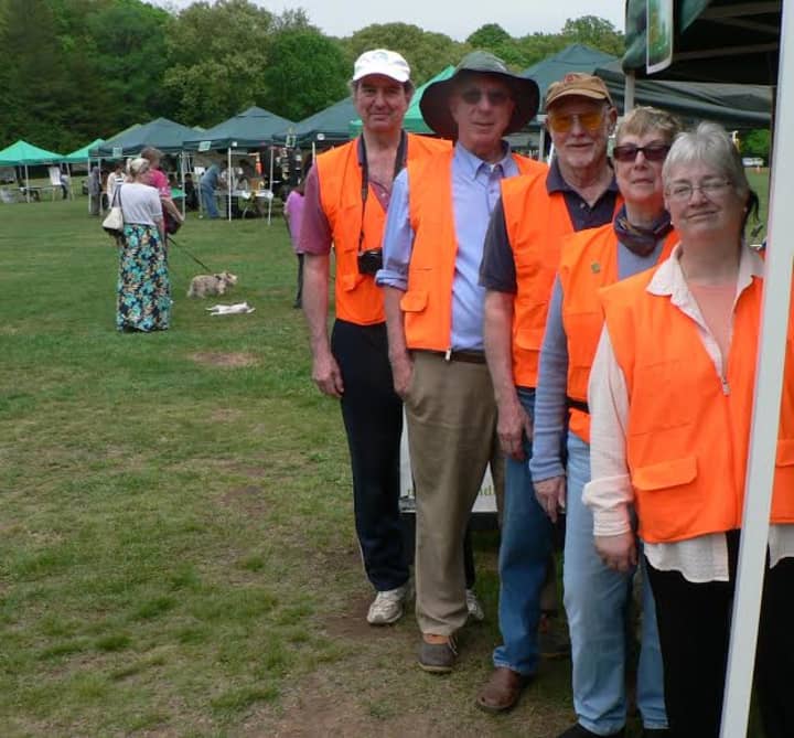 Members of the Norwalk Land Trust at the Connecticut Tree Festival. From right are Sarah Graber, Peggy Holton, Henry Huse, President John Moeling and Seeley Hubbard.