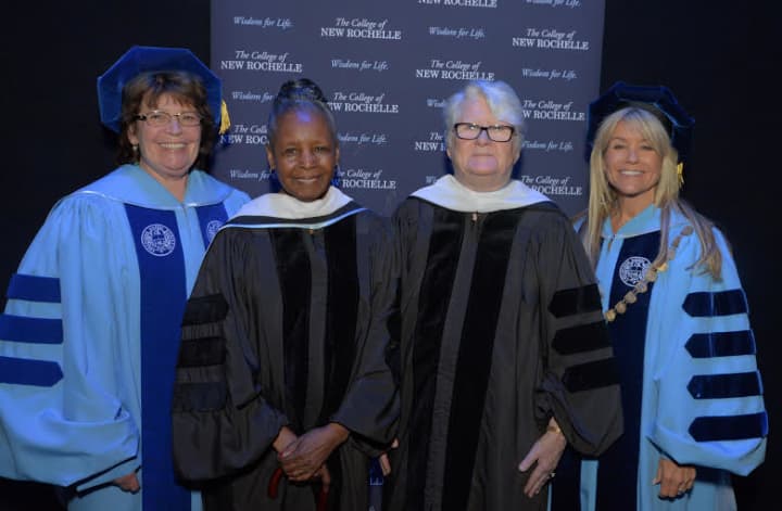 From left, Elizabeth Bell LeVaca, chair, Board of Trustees, Honoree Lillian Roberts, Honoree Ellen Mooney Hancock, and President Judith Huntington at The College of New Rochelles 2015 Commencement.