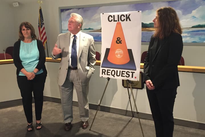 Connie Blair, Mayor Harry Rilling and Lisa Burns announce Norwalk&#x27;s new Click &amp; Request app designed to improve customer service.