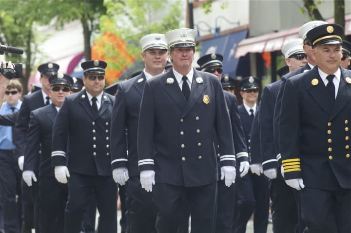 Members of the Hastings-on-Hudson FD march in Sunday&#x27;s parade.