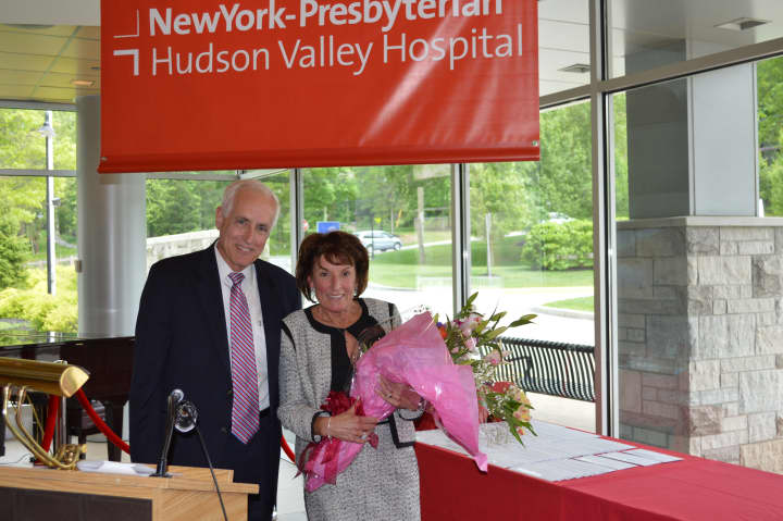 John C. Federspiel, president of NewYork-Presbyterian/Hudson Valley Hospital and Vice President of Patient Services Kathy Webster, who is retiring after 39 years of service to the hospital.
