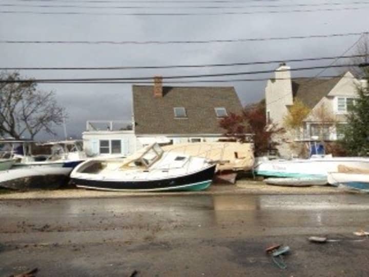 Beached boats in Rowayton, Conn., during Hurricane Sandy in October 2012.