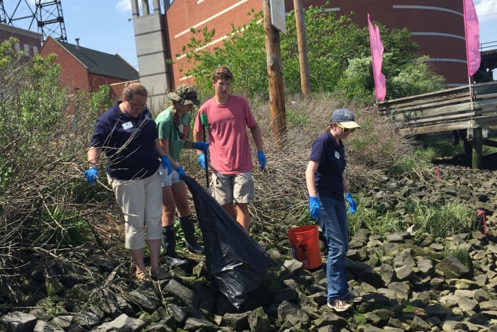 New Canaan students clean up the Norwalk River banks outside the Maritime Aquarium.