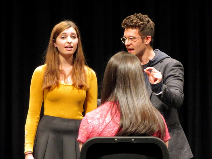 Briarcliff High School alumnus and Broadway actor David Perlow, right,  coached sophomore Kelly Hooper during his master class. 