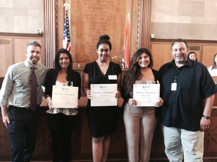 Jandon Scholarship winners Maria Angelica Garcia, Alisa Choubay and Reyna Chavarria pictured with White Plains High School guidance counselors Jeffrey Hirsch, left, and Enrique Cafaro, right.