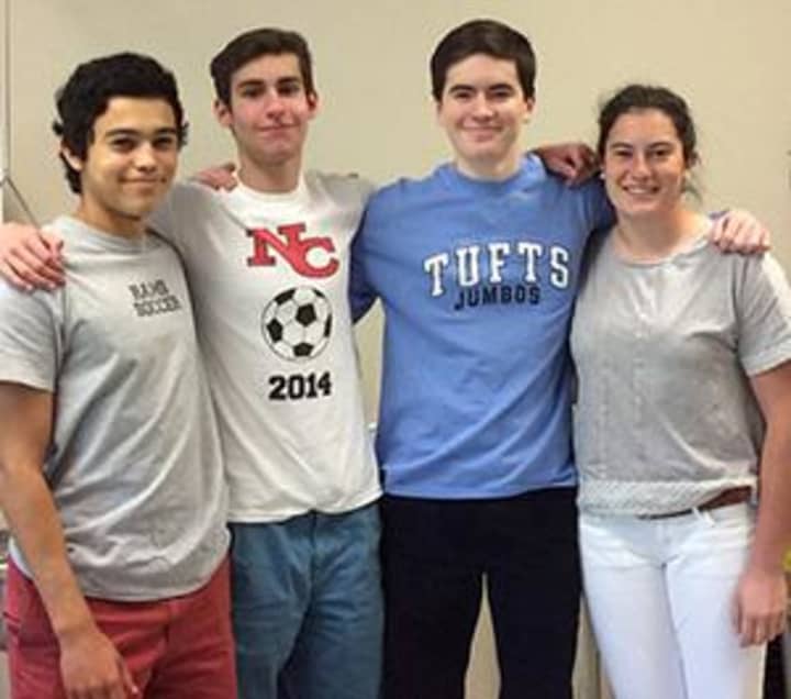 From left, Charlie Pitteway, Robbie Fusek, Chris Reik and Claire Conley were part of a team of New Canaan High School students that recently won first place in a regional physics bowl.
